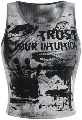 GORGLITTER Women's Plus Tie Dye Gothic Graphic Tank Top Y2K Sleeveless Goth Grunge Ribbed Knit Crop Tops Grey 0XL