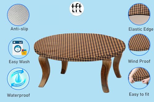 Image of The Furnishing Tree Round Elastic Fitted Center Tpoy Table Cover WxL 28x28 Inches Checkered Pattern Brown