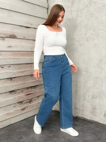 Image of KOTTY Plus Size Women's High Waist Straight Denim Jeans Comfortable Wear for Work Casual Use