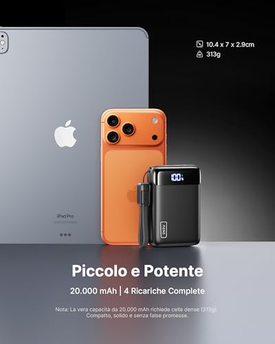 INIU Ultrapiccolo 20000mAh Power Bank, 22,5W Ricarica Rapida Caricatore Portatile con Cavo USB C Staccabile, Essenziali da Viaggio, Caricatore Portatile per iPhone 17 16, Samsung S22, Xiaomi, iPad ecc - Immagine 1