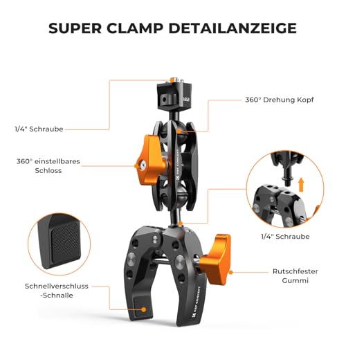 K&F CONCEPT MS13 Magic Arm mit Super Clamp,Super Klammer mit 360°Kugelkopfarm,Kamerahalterung Kompatible mit Blitzlicht/DSLR Kamera/Stabilisator,klemmstativ mit Handyhalterung