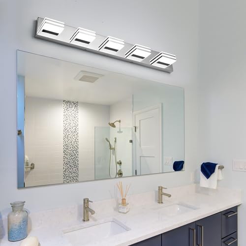Image of LED Vanity Lighting 30W Lights for Mirror 5 Light Bath Wall Lamps 34 Inch Bathroom Sink Lights over Vanity Modern Long Bath Lights Bars Chrome Wall Sconces Light for Bathroom Restroom 6000K