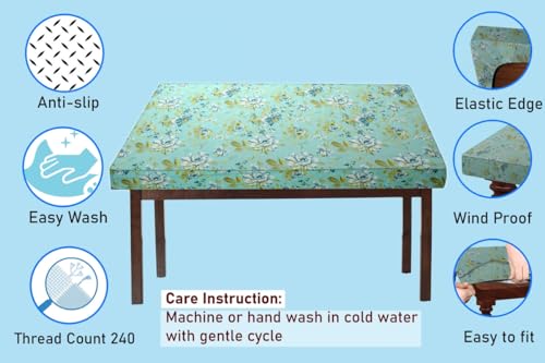Image of The Furnishing Tree Elastic Cotton Square Dining Table Cover 44x44 in Inches Floral Golden Leaf on Blue Base