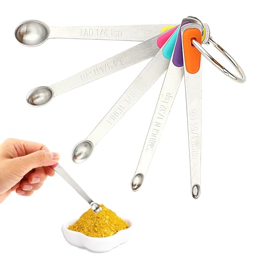 Aster Measuring Spoons Set of 5, Mini Stainless Steel Measuring Spoons with Silicone Handle, Teaspoon for Dry or Liquid 1/64, 1/32, 1/16, 1/8, 1/4 TSP, Small Measurement Spoons for Spice Jars