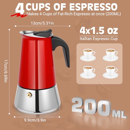 Image of Moka Pot, 4 Cups (7.1 oz) Stovetop Espresso Maker, 304 Stainless Steel Moka Pot, Induction Compatible, Red