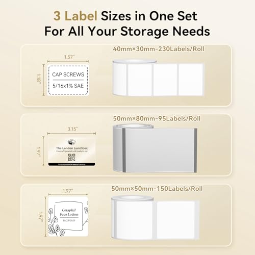 Image of NIIMBOT Thermal Label Tape 3 Rolls, Compatible with B1 B21 B31 Label Maker | Multi-Size Pack, 40x30mm White, 50x80mm Clear, 50x50mm White | for Address, Jar, Gift, Logo & File Organization Stickers