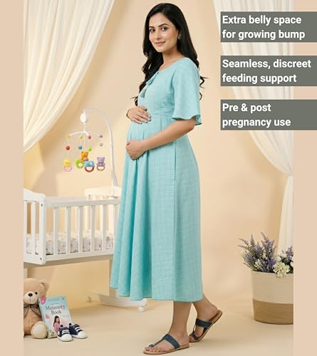 Image of DUMMY SHAPE Feeding Nighty | Maternity Dresses for Women Cotton Blend | Floral Pink Anarkali Kurta with Dual Nursing Zippers for Pregnancy & Breastfeeding | Gifts for Pregnant Women (