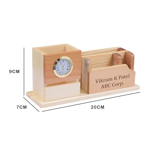 Image of Deskart Customized Multipurpose Pen Holder Stand | Premium Wooden Desk Organizer with Clock, Business Visiting Card and Mobile Holder