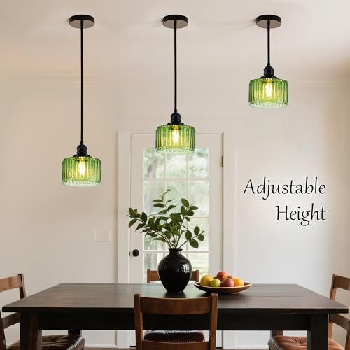 Image of MAYNA 1 Pack Modern Pendant Light with Green Striped Glass Lmapshade, Black Vintage Pendant Light, Adjustable Hanging Light for Kitchen Island Dining Room Hallway(Bulb Included)
