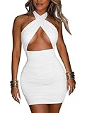 Women's Sexy Ruched Bodycon Halter Criss Cross Cut Out Backless Mini Club Party Dresses, Medium, White