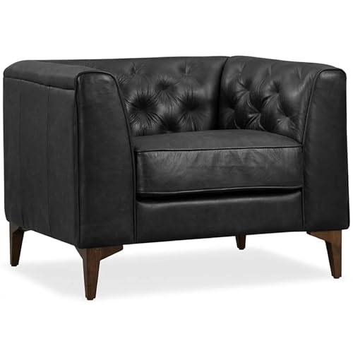 Image of POLY & BARK Essex 40 inch Lounge Chair - Onyx Black Full-Grain Pure-Aniline Italian Leather, Tufted Back & Arms, Feather-Down Cushions, Walnut Wood Legs
