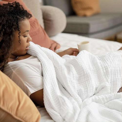 Image of 100% Cotton Muslin Blanket 50 inch x 60 inch, Breathable and Lightweight Cotton Throw Blankets for Couch, Soft Cooling Summer Gauze Blanket for Adults All Season, White