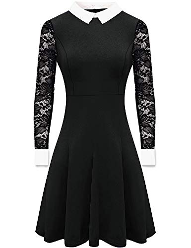 Lace Sleeve Dresses Women Wednesday Addams Dress Pater Pan Collar Fit and Flare Skater Cocktail Dresses M
