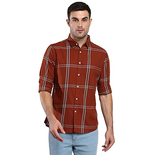 Image of Dennis Lingo Men's Plaid Blue Slim Fit Cotton Casual Shirt with Spread Collar & Full Sleeves