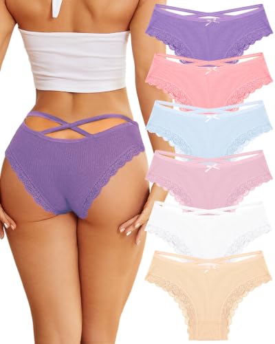 Image of Womens Cotton Underwear Sexy Lace Trim Bikini Ladies Cheeky Panties 6 Pack