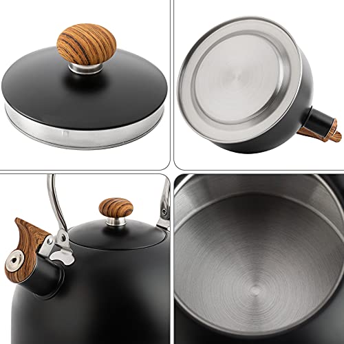 Whistling Tea Kettles With Wood Grain Adjustment Nylon Handle, 2.6 Quart/2.5 Liter Capacity With Capsule Base Tea Kettle, Black #TOP5