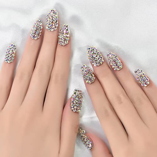 Elevenail Handmade 24pcs Full 3D Rhinestone Press on False Nails Medium length Coffin Fake Nails Salon DIY Manicure Reusable Acrylic Shiny Crystal Nail Art Tips Gift for Women Girls