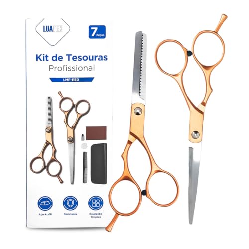 Kit Tesoura Barbeiro Profissional Cabeleireiro Tesouras Dentada e Laser Com Estojo Conjunto Conjunto Completo (Dourado)