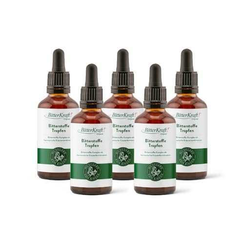 BitterKraft! Gotas de sustancias amargas orgánicas originales, 5 x 50 ml, según Hildegard von Bingen, altas dosis de gotas amargas, 9 exquisitas hierbas amargas, 100% natural, fabricado en Alemania