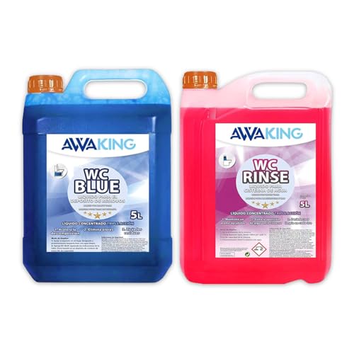 Liquido WC Quimico Caravana WC Blue 5L + Rinse 5L,Liquido Autocaravanas Aditivo Aguas Negras + Concentrado Taza WC Cisterna,Caravanas,Depósito Residuos Autocaravanas,Sanitary Fluid,Líquido Potty