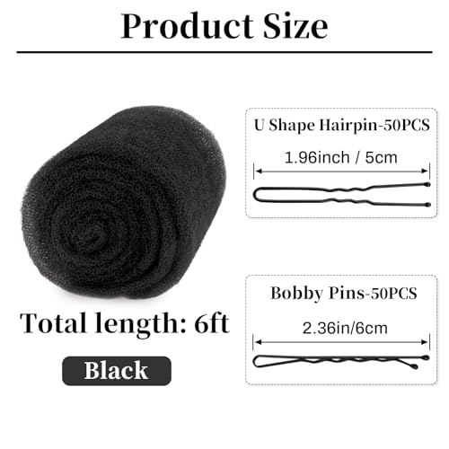 RAQEHO 6ft Hair Sponge for Updo - Reusable Hair Mesh Filler Padding for Updos with 100PCS Bobby Pins Hair Bumps it for Volume Insert Bun & Crown Shapers Styling Accessories for Women (Black) - Thumbnail 2