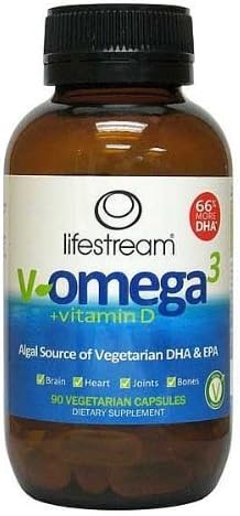 Lifestream V-Omega 3 + Vitamin D Vegan Vegetarian Microalgae Oil DHA EPA Sustainably Sourced Pure Omega-3 90 Caps