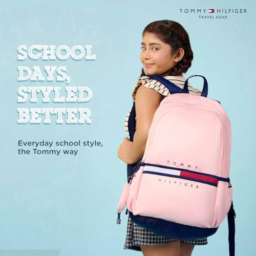 Image of Tommy Hilfiger Ultra-Lightweight School Backpack Trote - Blush Pink+Navy | Large 3-Compartment Student Bag with Extra Accessory Pouch | Soft File Sleeve & Water-Resistant Twill | 34L Capacity