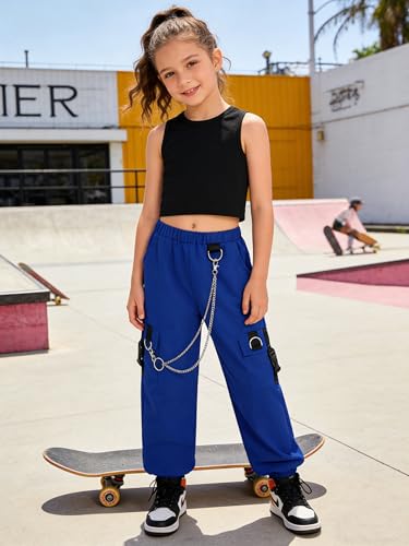 Image of Girls 2 Piece Outfit Set for Tween Girls, Sleeveless Crop Tank Top & Cargo Pants Jogger Set