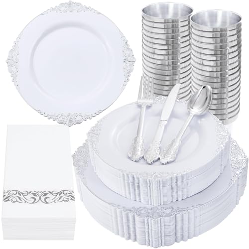 Nervure 350PCS Silver Plastic Dinnerware - White and Silver Disposable Plates for 50 Guests - 100...