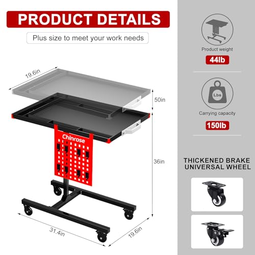 Mesa de trabalho móvel ajustável para levantamento hidráulico resistente, bandeja de ferramentas com