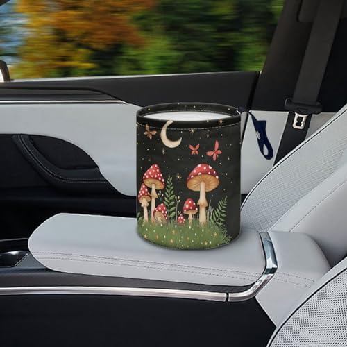 Image of Cute Mushroom Moon Auto Garbage Bag Trash Can Leak Proof Waste Basket Container Bag Bin Hanging Cup Holder Organizer with Strap Mini Car Interior Accessories for Auto, Camping, Travelling