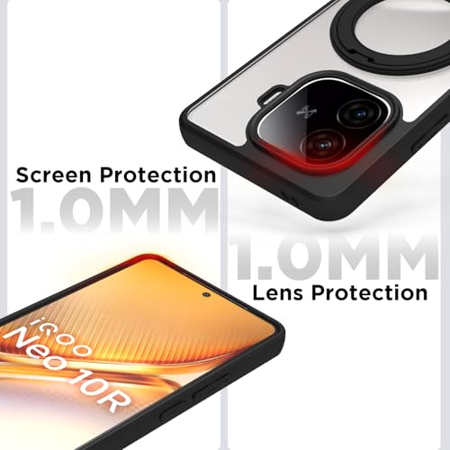 Image of RIGGEAR Shockproof Sleek Hybrid Armor 360 Rotating Magnetic Ring Stand Back Cover Case Compatible with MagSafe Accessories for iQOO Neo 10r 5G (Clear PC + Black TPU Bumper)