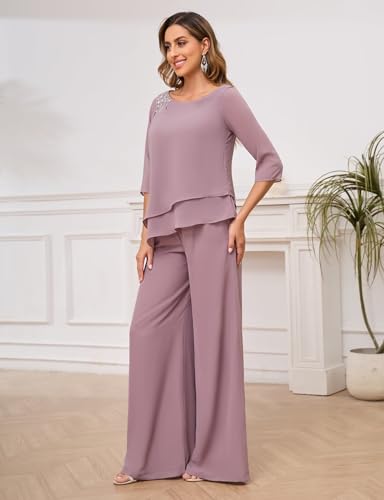 2 Piece Mother of The Bride Pant Suits for Women 3/4 Sleeves Chiffon Lace Ruffled Formal Wedding Outfit4