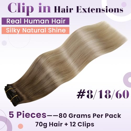 Laavoo Clip In Hair Extensions Real Human Hair Ombre Real Hair Extensions Clip Ins Human Hair Light Brown Ombre Ash Blonde Mix Platinum Blonde Clip In Hair Extensions Human Hair 18 Inch 5Pcs/80G thumb #1