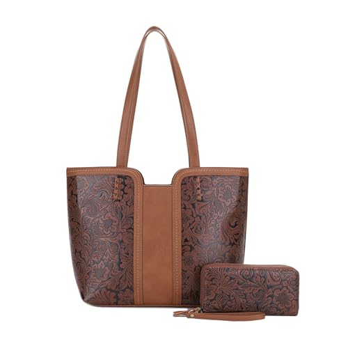 JESSIE & JAMES | Cassidy Tooled Women Concealed Carry Tote Bag with Lock and Key, Top Handle Shoulder Bag with Wristlet Brown