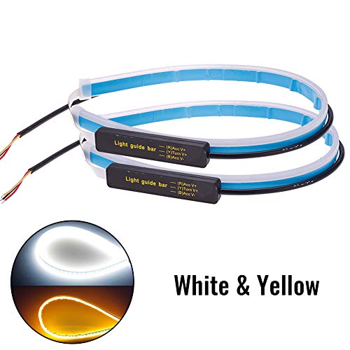 Teabelle 2 Unids 60 cm Lámpara de Señal de Giro Ultra Delgada Corriente Diurna Tira Doble Color Coche Que Fluy Tubo Suave LED Tira DRL Blanco y Amarillo