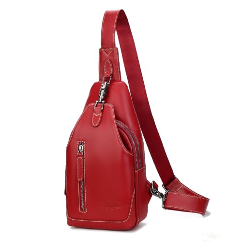 Image of Genuine Leather Sling Bag for Men and Women Chest Pack Purse Crossbody Shoulder Bag Sling Backpack (Red)