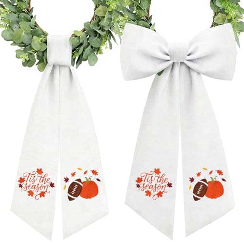 2 Pcs Fall Wreath Sash Tis The Season Football Pumpkin for Front Door Embroidery Ribbon Sash for Yard Porch Doorway Decor Indoor Outdoor