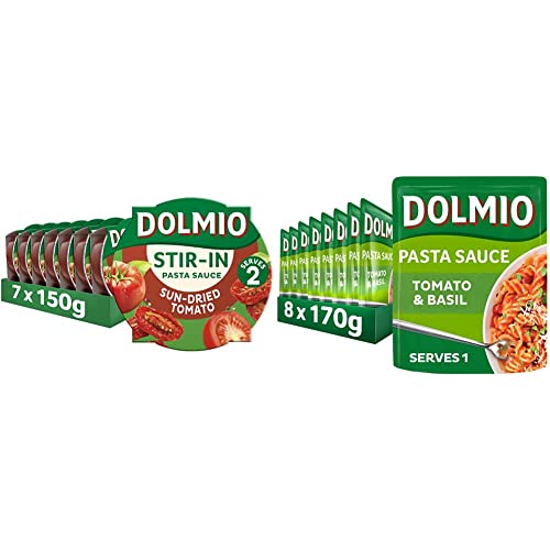 Dolmio Stir In Sun Dried Tomato Pasta Sauce, Bulk Multipack,150 g (Pack of 7) & Tomato & Basil Microwave Pasta Sauce, Bulk Multipack 8 x 170g pouches