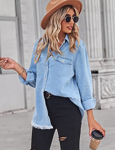 Zilcremo Women Denim Shirt Chambray Collared Jean Shirts Long Sleeve Pocket Button Down Blouses3