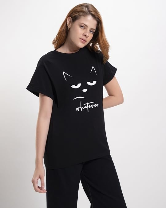 Image of Bewakoof Women's Typography 100% Cotton T-Shirt - Boyfriend Fit, Round Neck, Half Sleeves