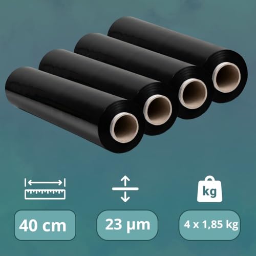 RAGO® Stretchfolie Schwarz Möbelfolie 4 Stück I folie für möbel Hand Stretchfolie rollen I Palettenfolie Handfolie Wickelfolie I Verpackungsmaterial (40 x 9,5 x 9,5 cm) 1,85 kg I 300m Länge