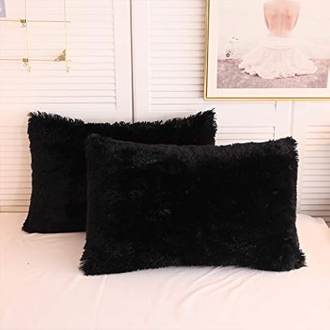 XeGe Faux Fur Throw Pillow Cases Plush Shaggy Ultra Soft Pillow Cover Fluffy Crystal Velvet Decorative Pillowcases Zipper Closure,Set of 2 (Standard, Black) Cover