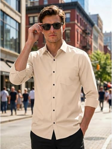 Image of Men's Regular Fit Solid Pattern Cotton Shirt with Spread Collared Long Sleeve Standard Length and Button Down Closure Type | Shirts | Stylish Shirts for Men