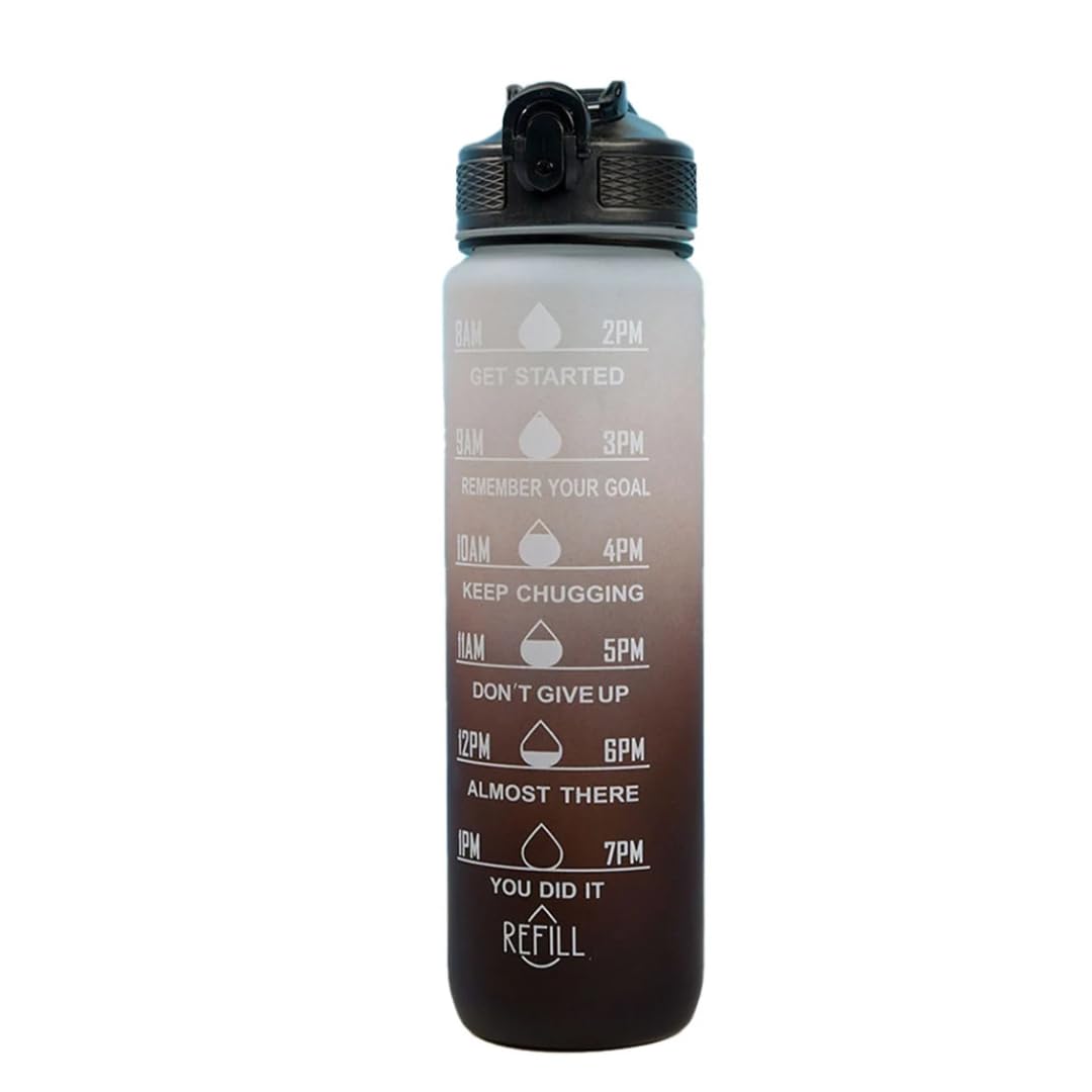 Spinegear 1Liter 32oz Water Bottle | Motivational Water Bottle with Time Marker & Straw | BPA-Free Tritan Leakproof Design, One-Click Open for Hydration Goals (Black White, 1 Litre)