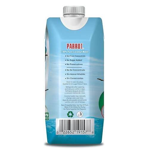 Image of Parrot 100% Pure coconut water 11.10 fl oz 100% Juice Refreshing Coconut Taste Natural Essential Plant Based Non-GMO Electrolytes Antioxidant Low Calorie Hydrating(Pack of 12)