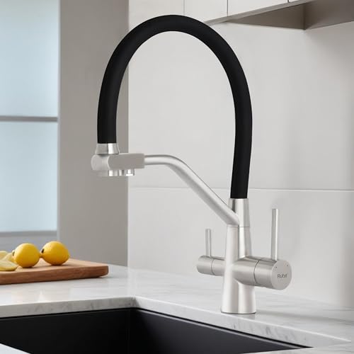 Image of Ruhe Wind Kitchen Sink Mixer Tap with RO Water Supply | Hot & Cold Dual Water | Flexible Silicon Spout | 360 Swivel | Table Mounted Faucet | 304-Grade Stainless Steel Kitchen Faucet