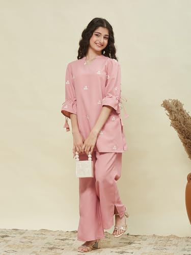 Image of Girls Floral Embroidered Kurta and Palazzo Pants Co-ord Set with V Neck Elegant Traditional Outfit for Festive and Functions