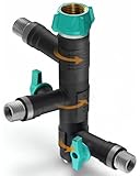 rainfactory divisor de agua 3 vías 3/4' con conexiones giratorias 360° y válvulas independientes – grifo triple jardín para manguera, distribuidor agua para riego en terraza y balcón