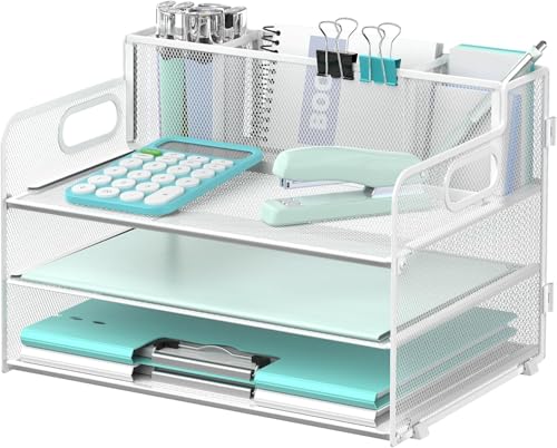Suptidy Schreibtisch-Organizer mit 3 Etagen, mit Griff und 3 Stifthaltern, Netz-Papier-/Akten-Organizer für den Schreibtisch, Papier-Briefablage für Bürobedarf, Weiß